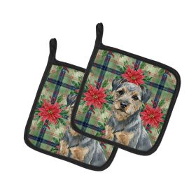 Blue and Tan Border Terrier Christmas PoinsettIas Pair of Pot Holders Pair 7.5x7.5 Quilted Insulated Hot Pads Decorative Kitchen Gift Made in USA