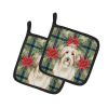 White and Tan Bearded Collie Christmas PoinsettIas Pair of Pot Holders Pair 7.5x7.5 Quilted Insulated Hot Pads Decorative Kitchen Gift Made in USA