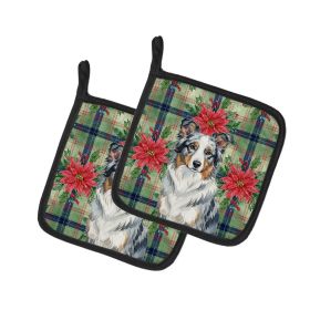Blue Merle Border Collie Christmas PoinsettIas Pair of Pot Holders Pair 7.5x7.5 Quilted Insulated Hot Pads Decorative Kitchen Gift Made in USA