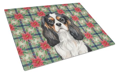 Tricolor Cavalier Spaniel Christmas PoinsettIas Glass Cutting Board Decorative Tempered Glass Kitchen Cutting and Serving Board Large Size Chopping Bo