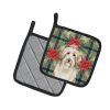 White and Tan Bearded Collie Christmas PoinsettIas Pair of Pot Holders Pair 7.5x7.5 Quilted Insulated Hot Pads Decorative Kitchen Gift Made in USA