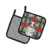 Blue Merle Border Collie Christmas PoinsettIas Pair of Pot Holders Pair 7.5x7.5 Quilted Insulated Hot Pads Decorative Kitchen Gift Made in USA