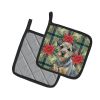 Blue and Tan Border Terrier Christmas PoinsettIas Pair of Pot Holders Pair 7.5x7.5 Quilted Insulated Hot Pads Decorative Kitchen Gift Made in USA