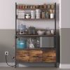 Black Metal Kitchen Baker's Rack with Brown Wood Shelves and Storage Cabinets